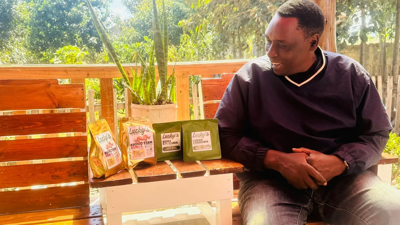 Four bags of Lucky's on the bench at Rhino Farm